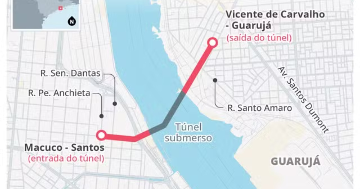 Primeiro túnel submerso do Brasil ligará Santos e Guarujá em 3 minutos, com técnica inédita e investimento de R$ 6,8 bilhões.