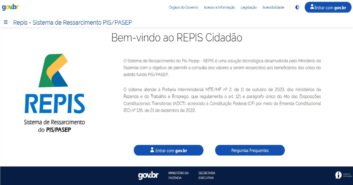 Login gov.br no REPIS Cidadão permite acessar valores esquecidos do PIS/Pasep antigo para resgate. (Imagem: Reprodução internet)