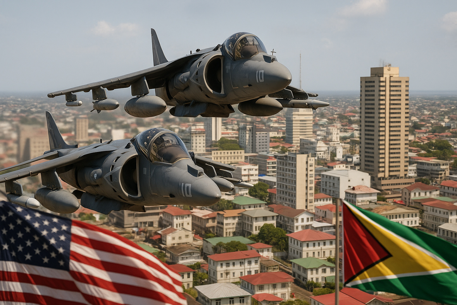 Harrier 2 dos EUA sobrevoando a Guiana durante a posse presidencial em meio à disputa por Essequibo.
