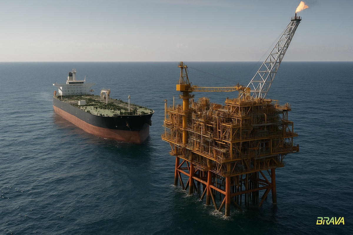 Plataforma offshore da BRAVA Energia ao lado de navio petroleiro, simbolizando recorde de produção em agosto de 2024.