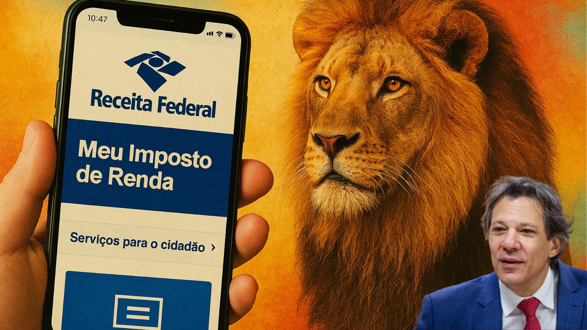 Celular com site da Receita Federal e leão simbolizando imposto de renda.