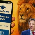 Celular com site da Receita Federal e leão simbolizando imposto de renda.