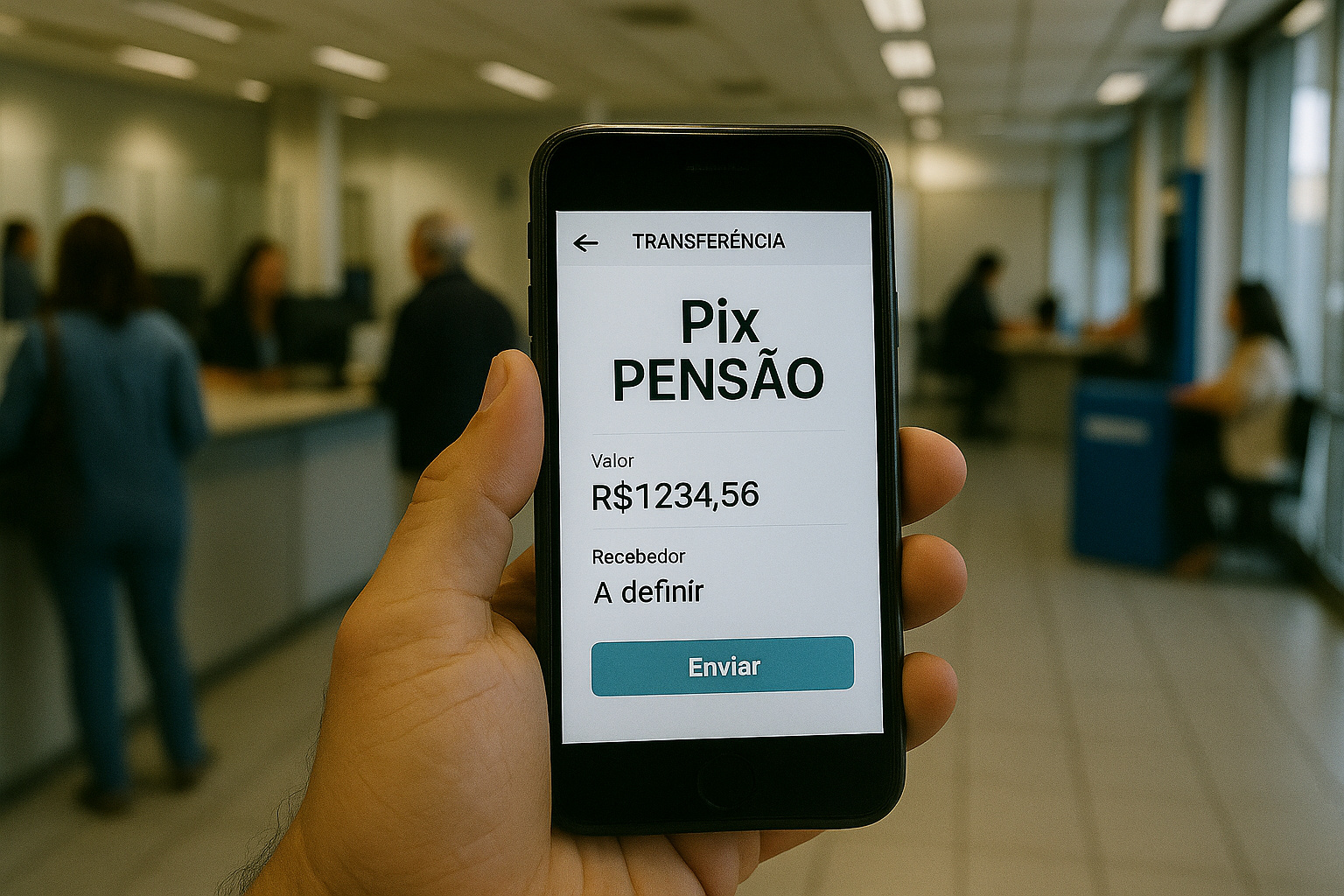 Celular mostra aplicativo bancário realizando transferência Pix com referência à pensão alimentícia.