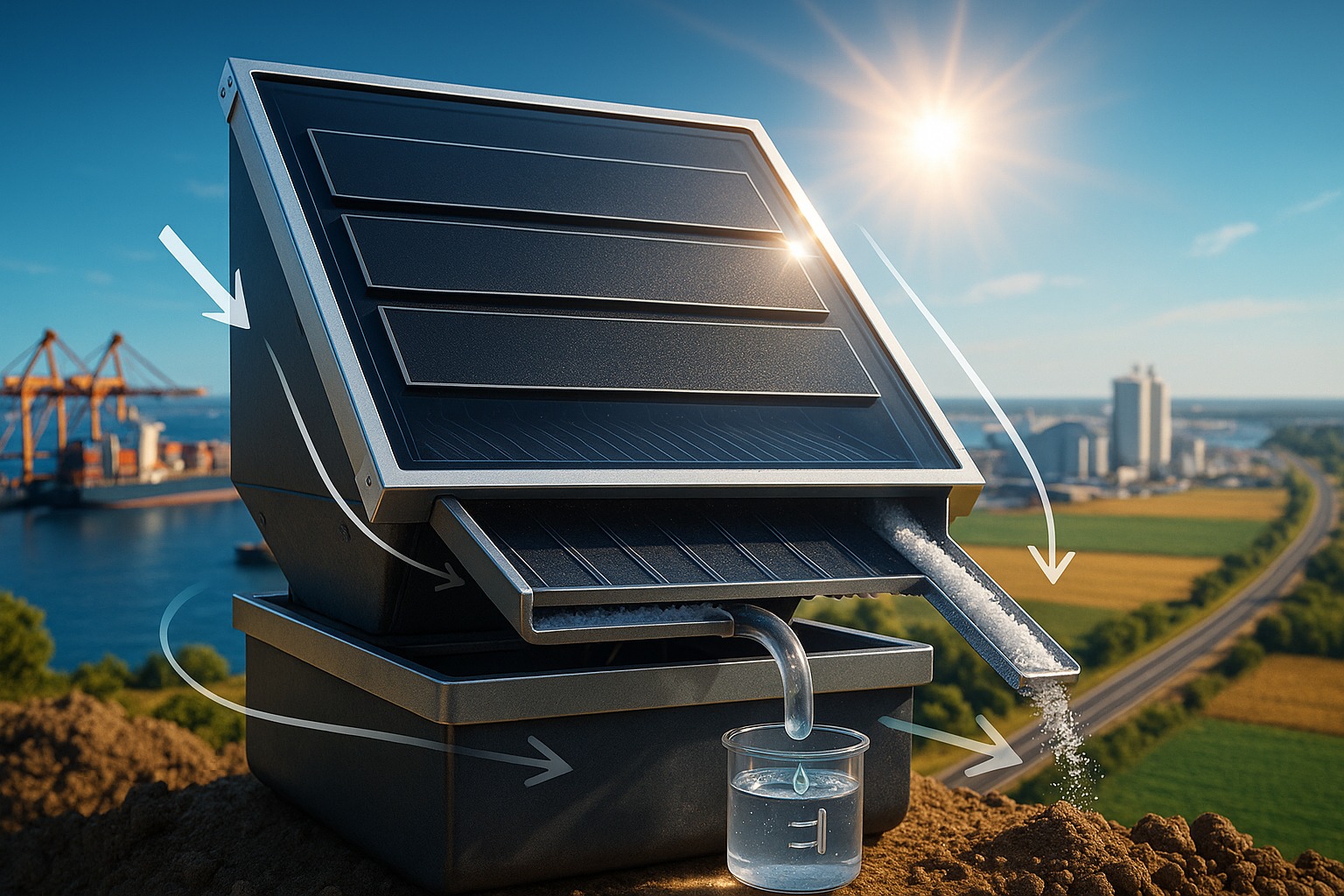 Pesquisadores da UNIST desenvolvem evaporador solar que transforma água do mar em potável, produz 3,4 litros por hora e evita acúmulo de sal.