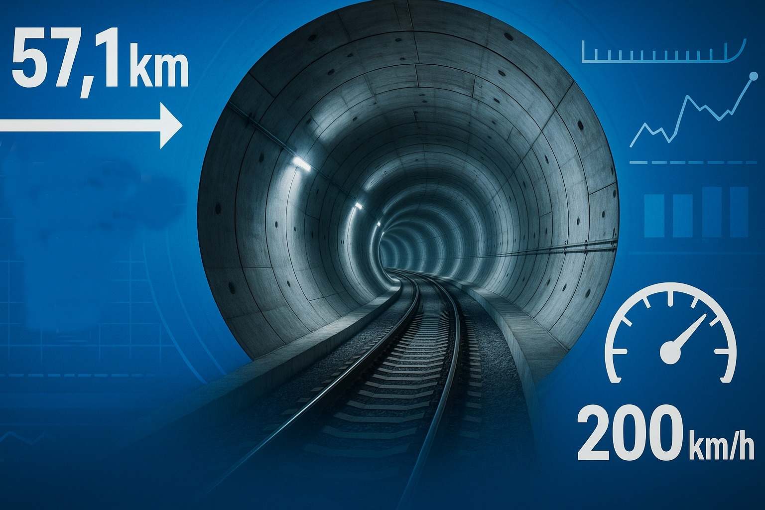 Túnel mais longo do mundo: Túnel de São Gotardo tem 57,1 km, 2.450 m de profundidade, 17 anos de construção e trens a 200 km/h.