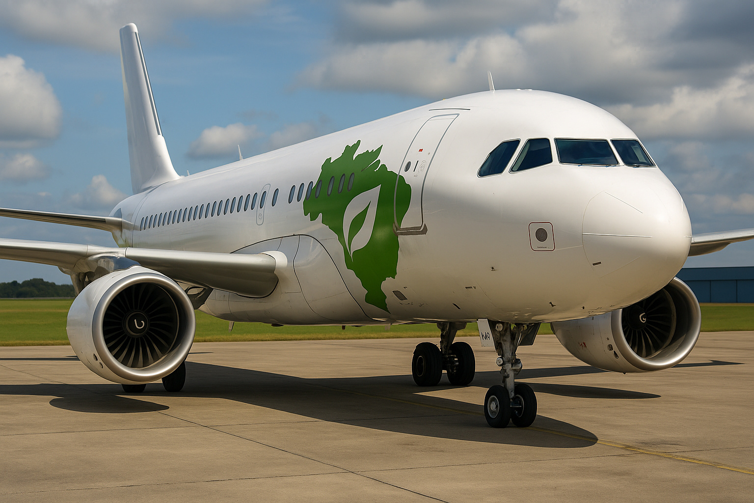 Avião da Airbus em solo brasileiro com símbolo verde representando biocombustível sustentável de aviação (SAF), destacando a liderança do Brasil na aviação limpa.