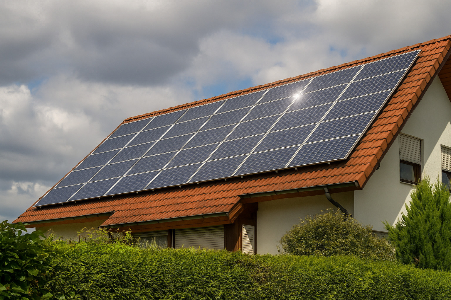 Casa com telhado de telhas vermelhas equipada com painéis solares sob céu parcialmente nublado.