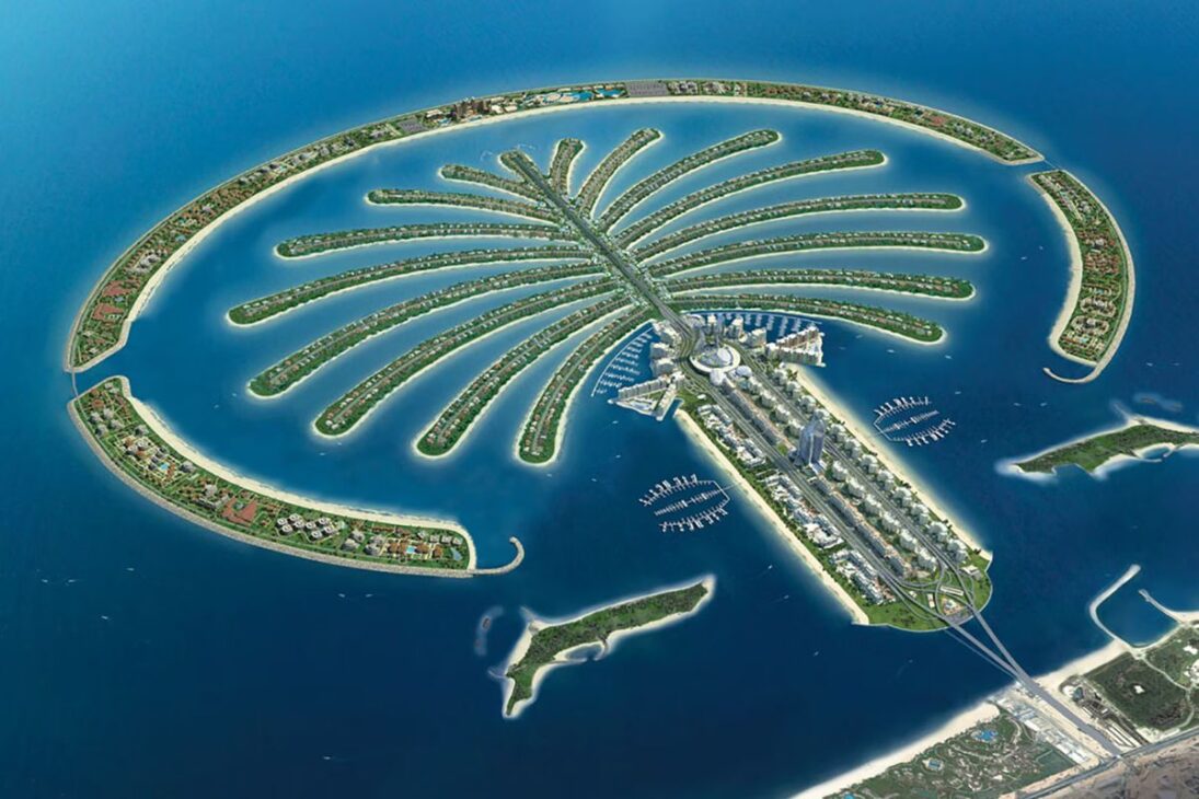 Uma ilha artificial de U$12 bilhões em forma de palmeira, construída com 85 milhões de m³ de areia dragada, que adicionou 56 km à costa de Dubai