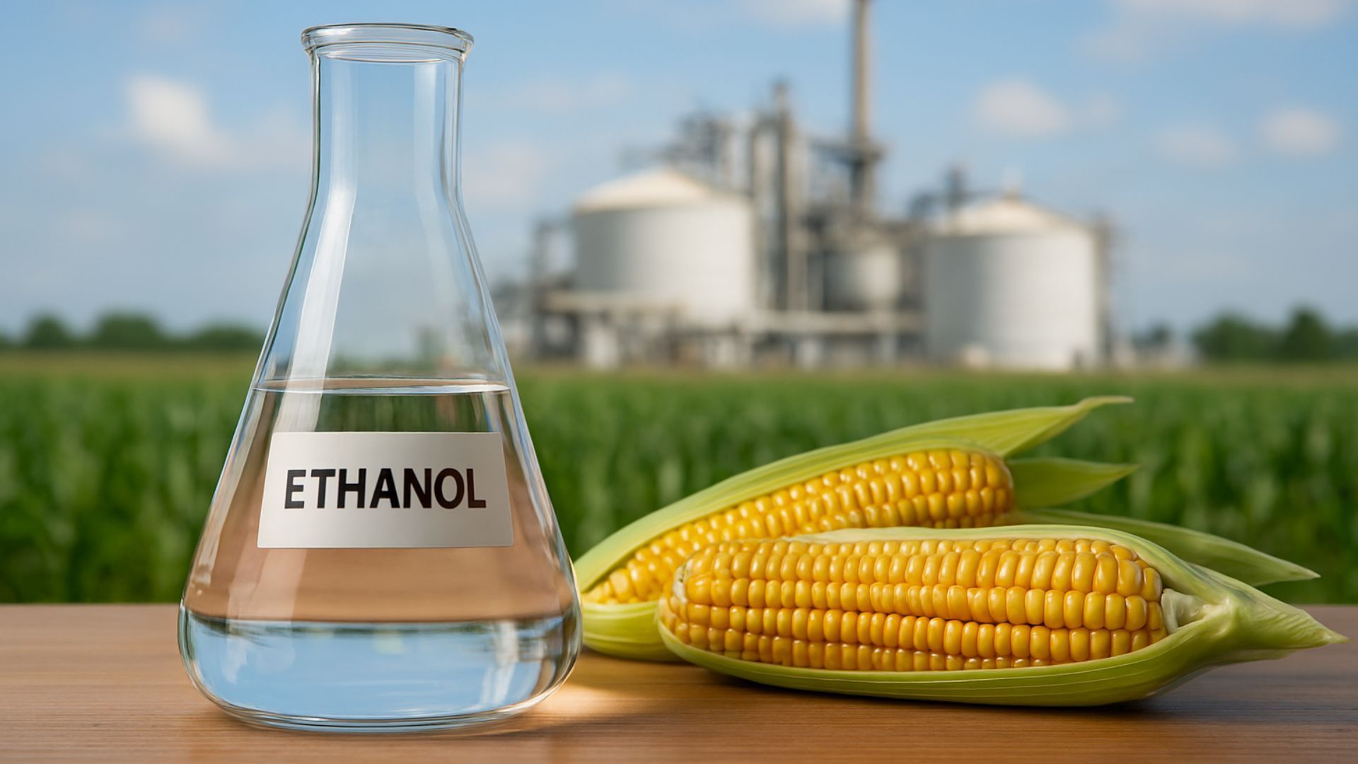 Frasco Erlenmeyer com etanol e espigas de milho em primeiro plano, com usina de etanol desfocada ao fundo.