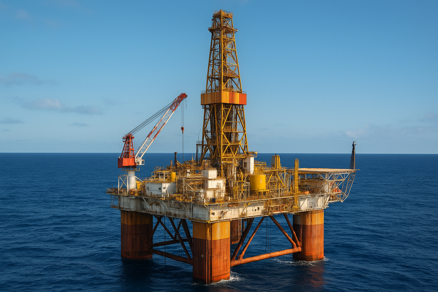 Plataforma de petróleo ultra realista operando na Foz do Amazonas ao entardecer, representando o avanço do Brasil rumo ao topo mundial da produção de petróleo.