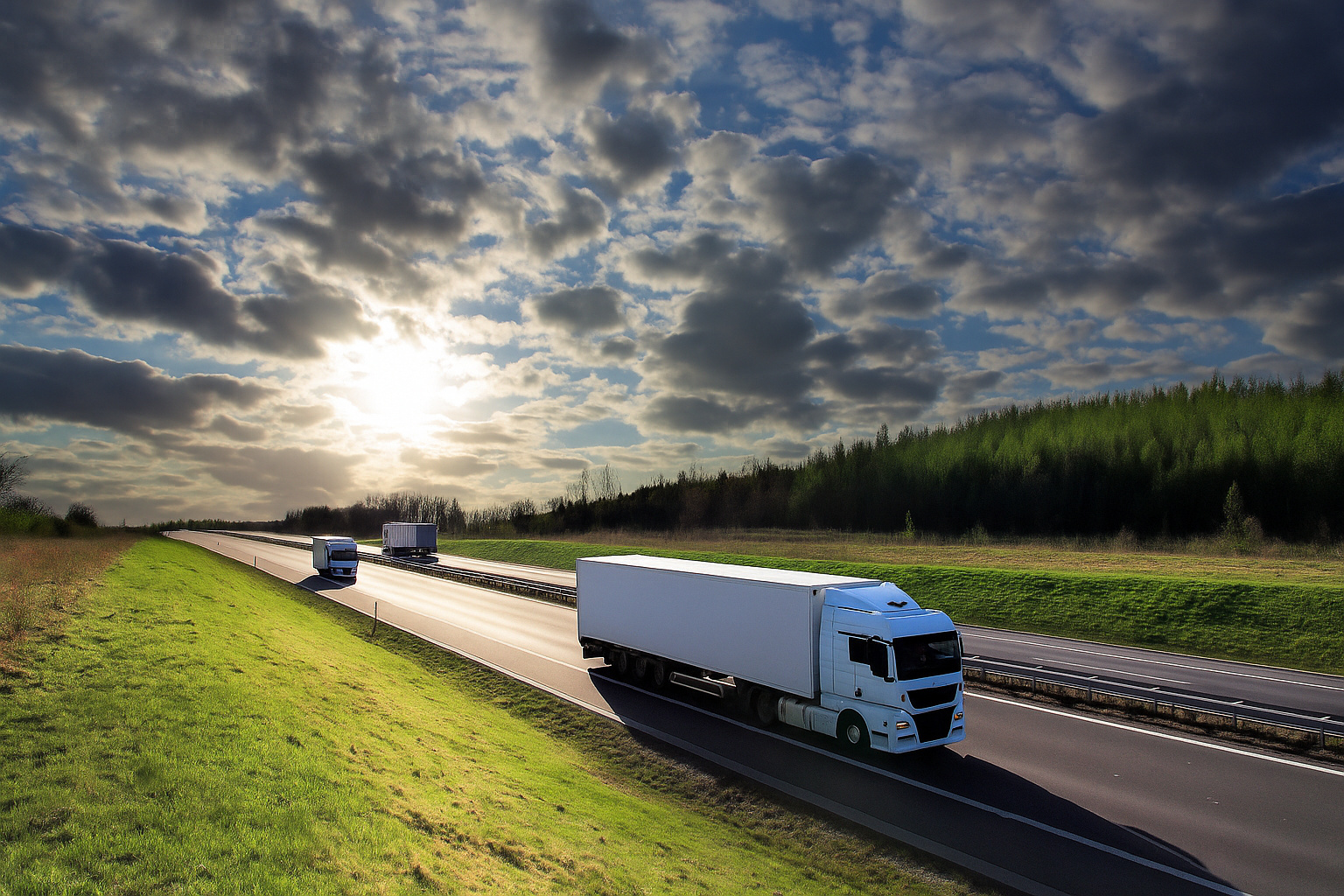 Caminhões trafegando em uma rodovia sob um céu parcialmente nublado em um dia ensolarado.