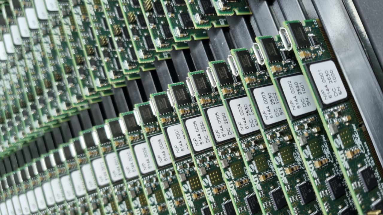 Primeiro lote de placas OpenIPMC: versão aberta do IPMC, desenvolvida no Brasil pelo SPRACE em parceria com a empresa Lynx. Diferentemente das soluções proprietárias, permite que pesquisadores acessem, modifiquem e adaptem livremente hardware, firmware e software, acelerando a inovação científica e tecnológica (foto: Cern/divulgação) Legenda: Agência Fapesp
