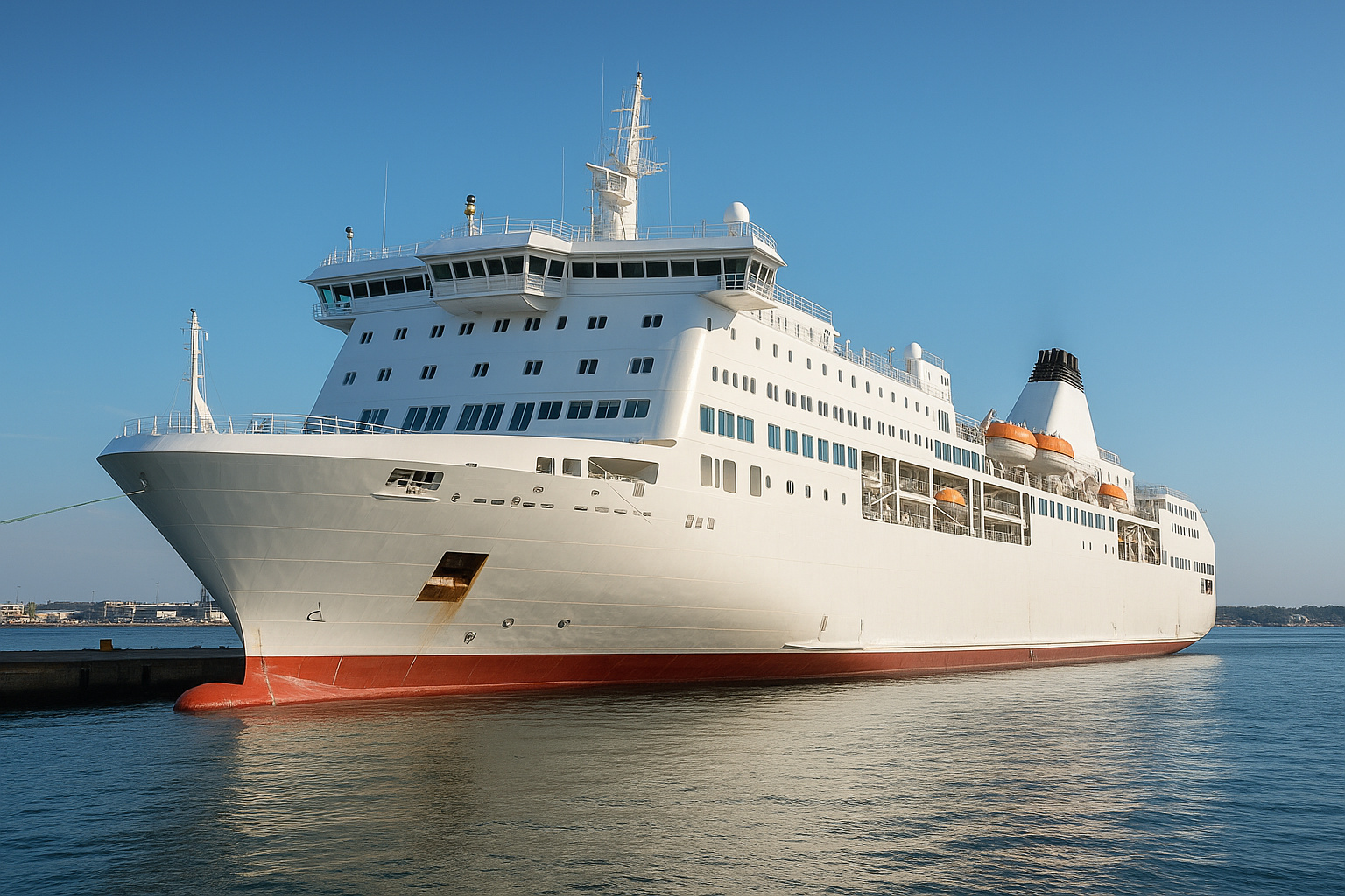 Navio RoPax chinês movido a gás natural liquefeito atracado em porto, simbolizando a transição verde e o avanço tecnológico da construção naval da China.