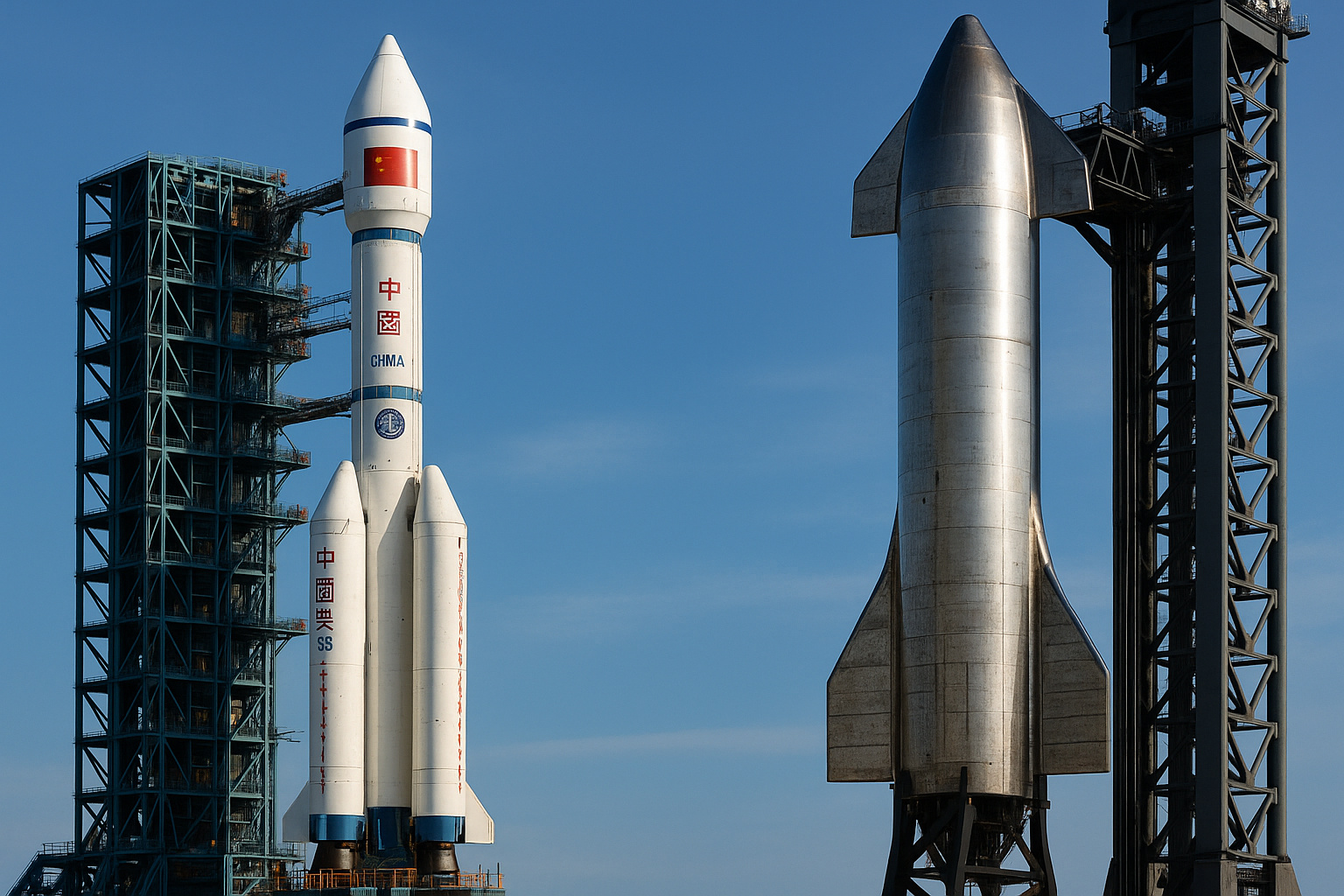 Foguetes Starship da SpaceX e Longa Marcha-10 da China lado a lado, representando a corrida lunar entre Estados Unidos e China.