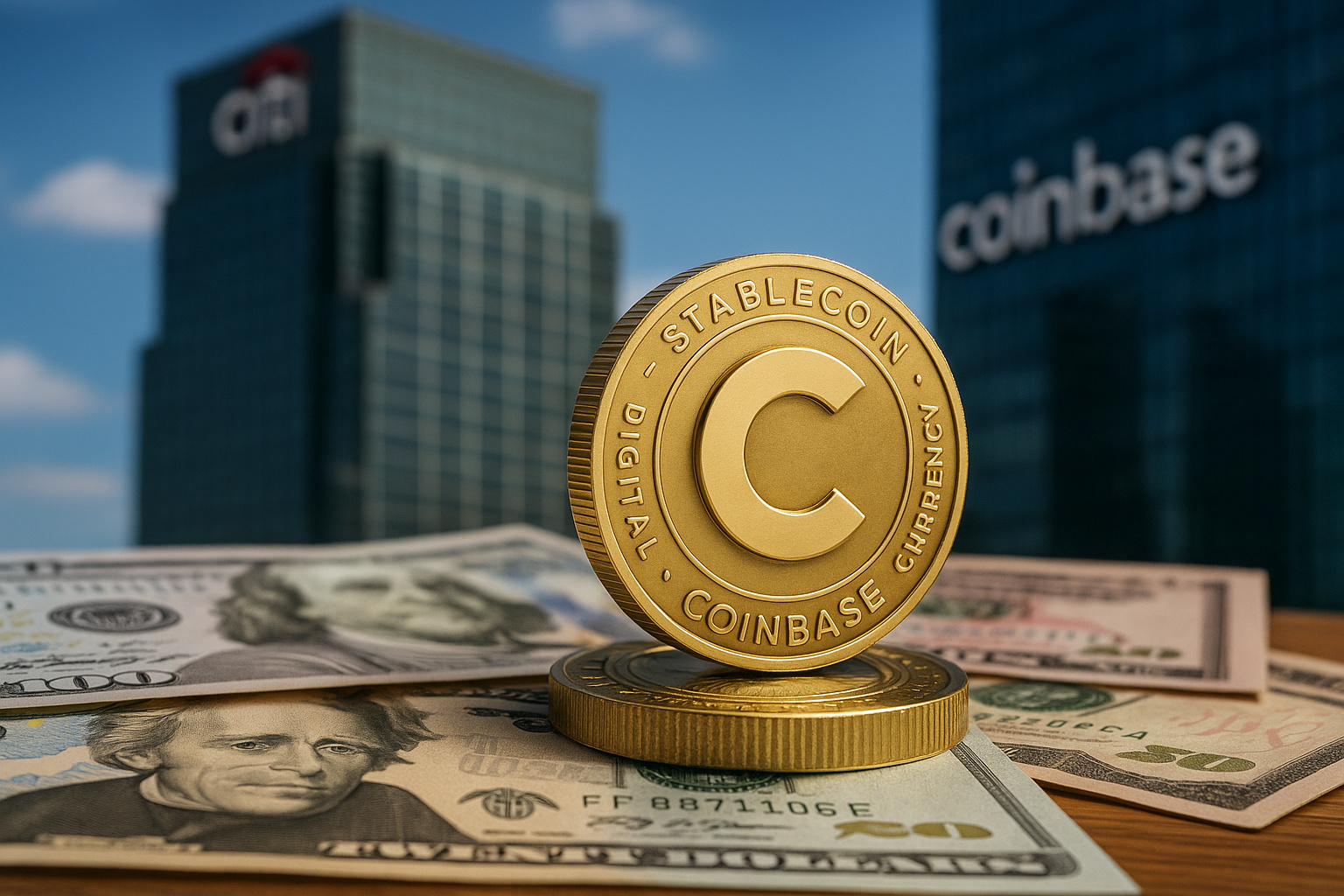 Moeda dourada da Coinbase sobre notas de dólar, com prédios do Citi e Coinbase ao fundo, simbolizando a integração entre finanças tradicionais e blockchain.
