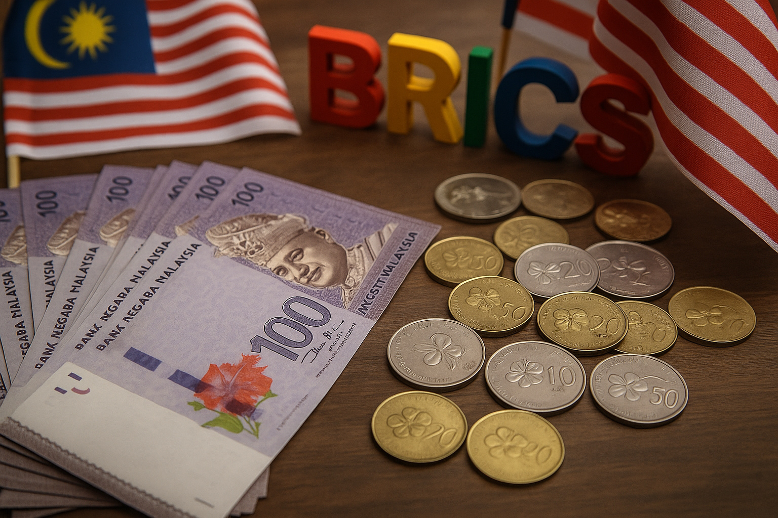 Bandeiras do BRICS e notas da Malásia simbolizando crescimento econômico e cooperação internacional com o Brasil em 2025.