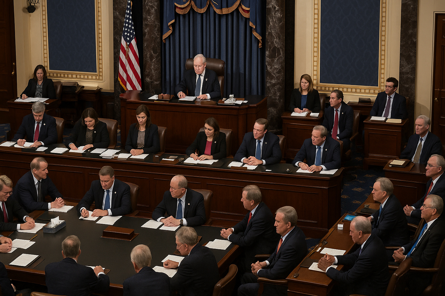 Senadores dos Estados Unidos durante sessão no Capitólio que votou a revogação das tarifas impostas por Donald Trump ao Brasil