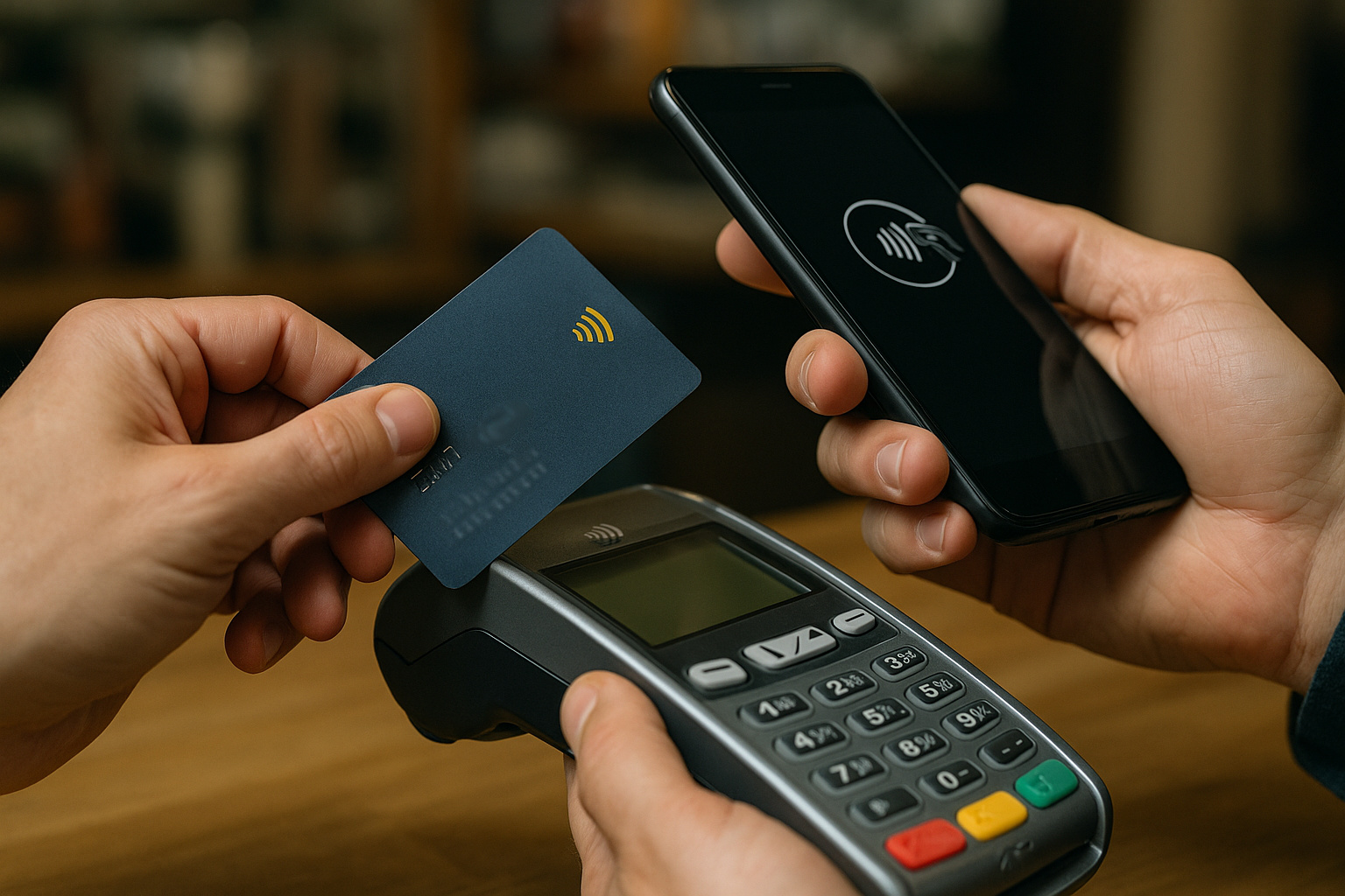 Pagamento por aproximação sendo realizado enquanto um celular próximo capta o sinal NFC, representando o golpe toque fantasma.