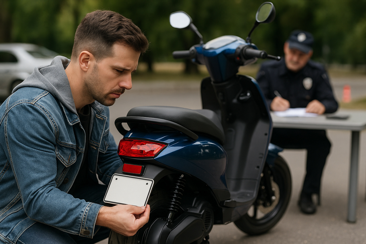 Homem instala placa em moto elétrica durante vistoria no Detran, representando o processo de regularização exigido pelo Contran até dezembro de 2025.