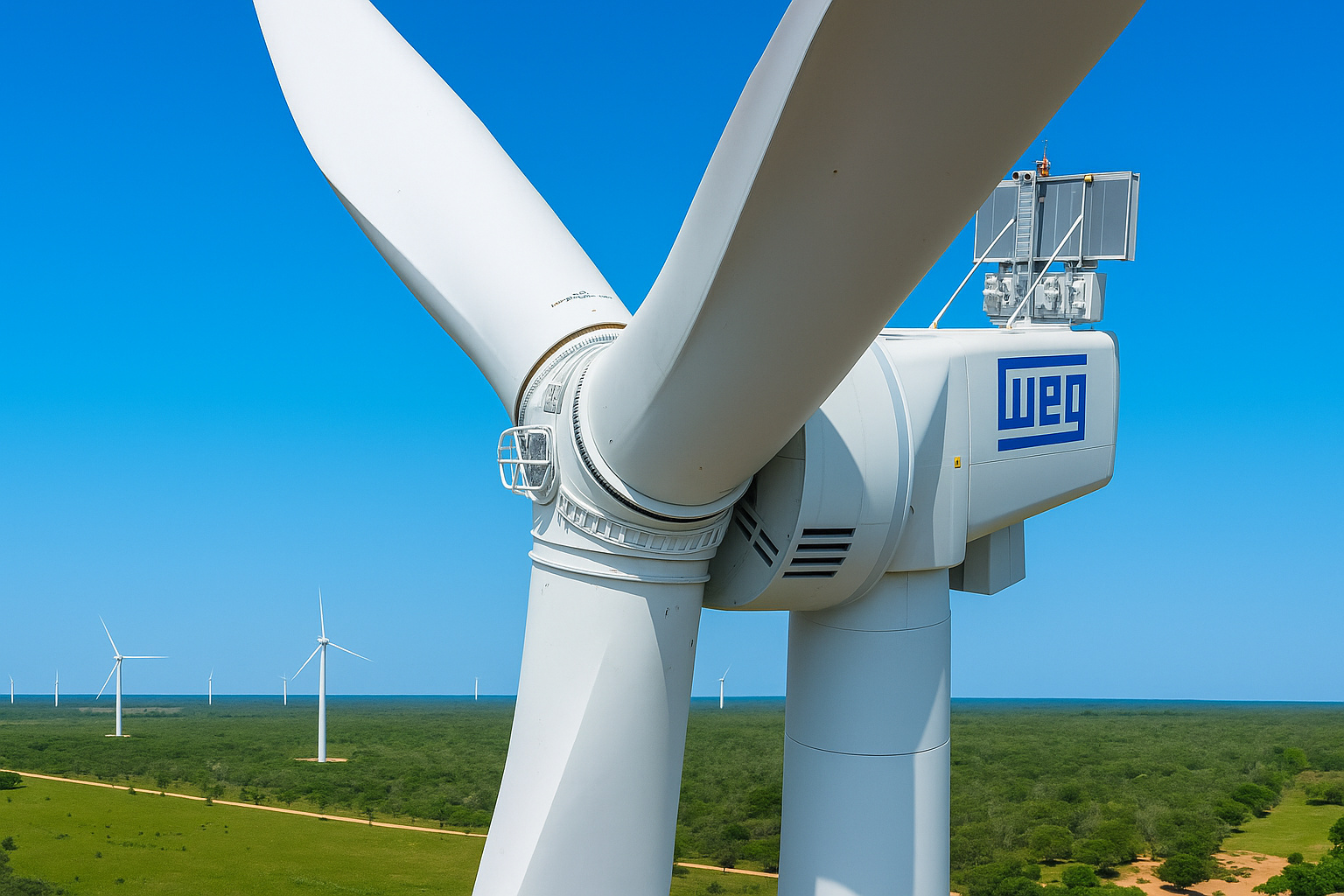 Close-up de uma turbina eólica da WEG com o céu azul limpo ao fundo em área rural.