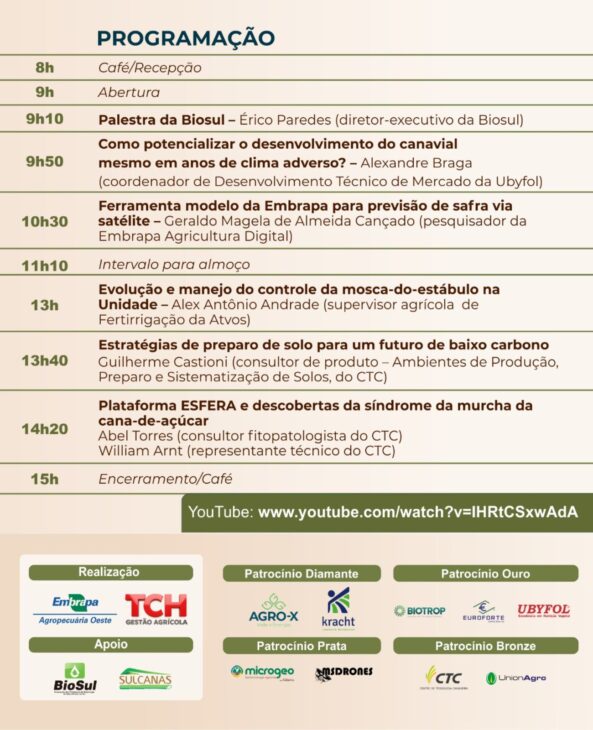 Durante a programação, a Embrapa Agropecuária Oeste destaca palestras sobre avanços científicos, sustentabilidade e previsões agrícolas baseadas em dados