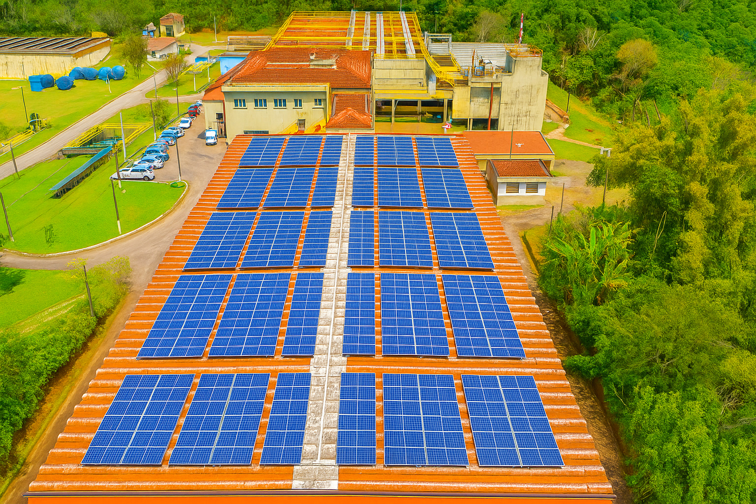 Painéis solares instalados em telhado de estação de tratamento de água, cercados por vegetação e estruturas industriais.