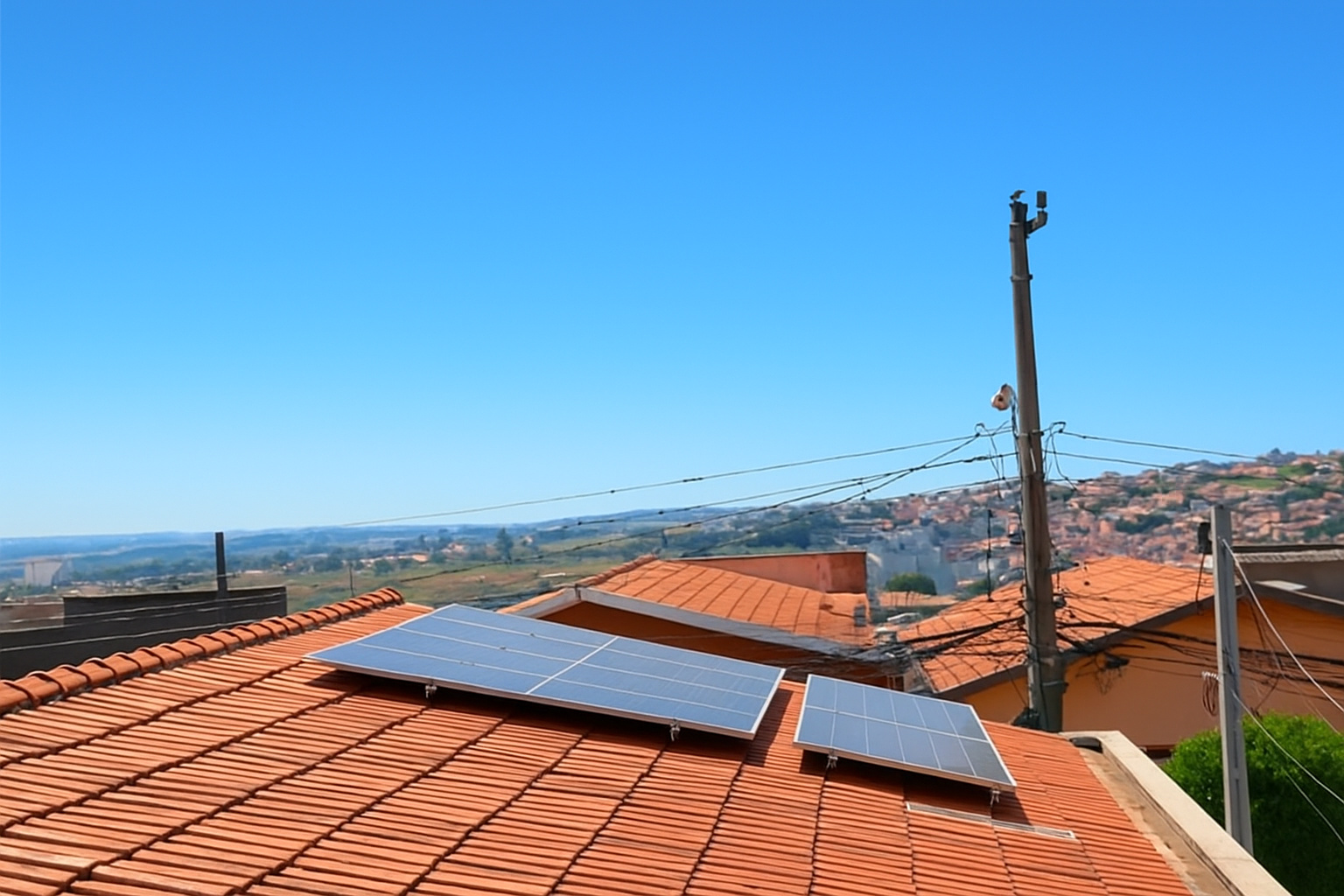 Painéis solares instalados em telhado de telhas vermelhas sob um céu azul limpo em um bairro residencial.