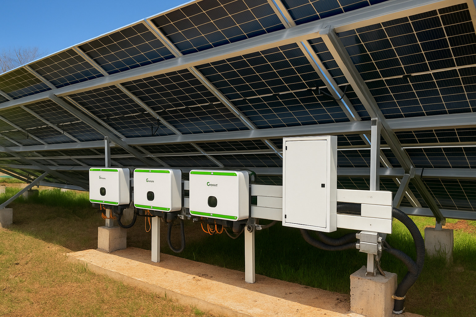 Estrutura de painéis solares vista por baixo, com inversores instalados e céu limpo ao fundo.