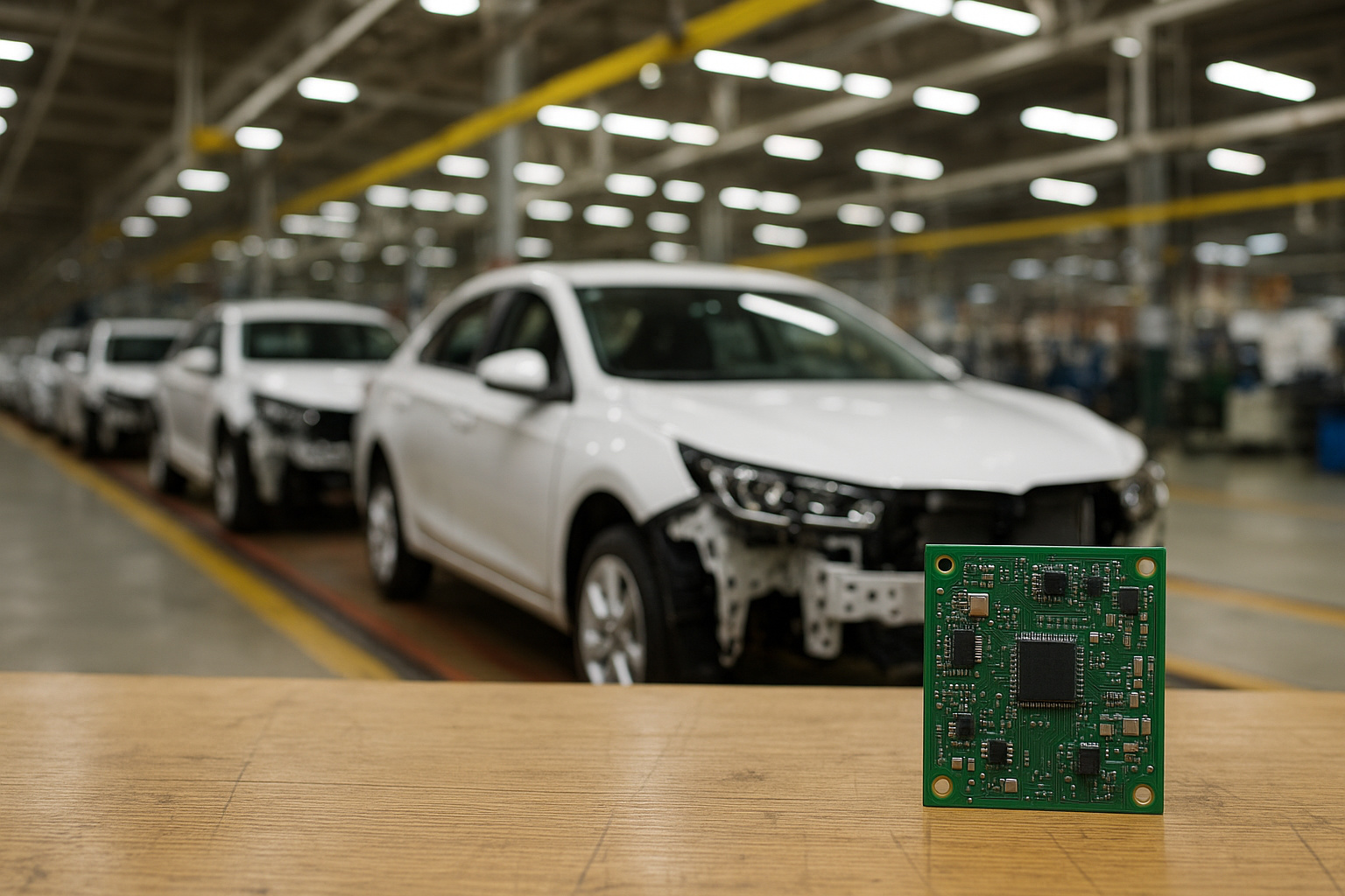 Linha de montagem automotiva parada no Brasil devido à falta de semicondutores, com carros brancos inacabados e uma placa de circuito em destaque.
