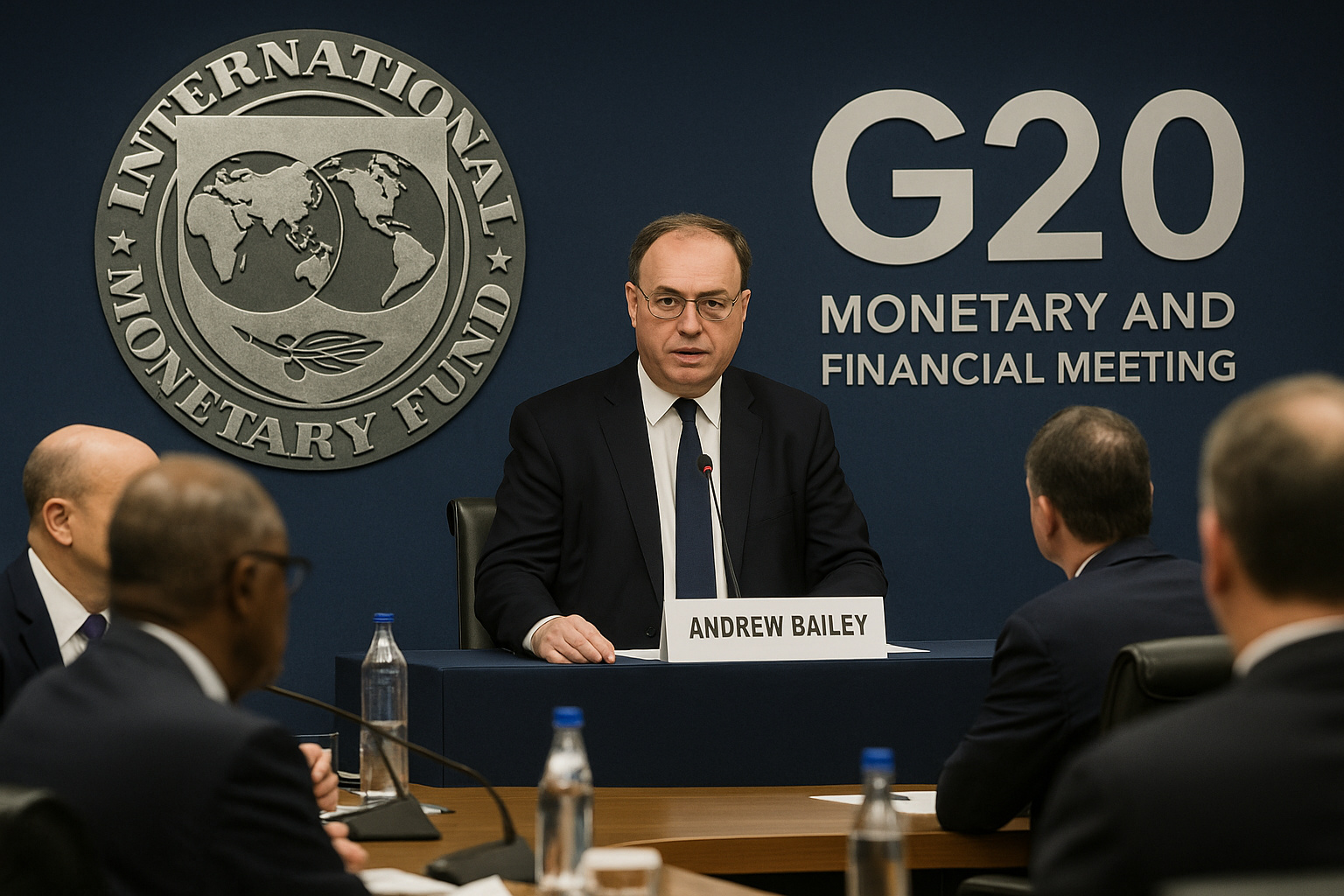 Andrew Bailey durante reunião do G20 em Washington, alertando para risco de colapso financeiro global