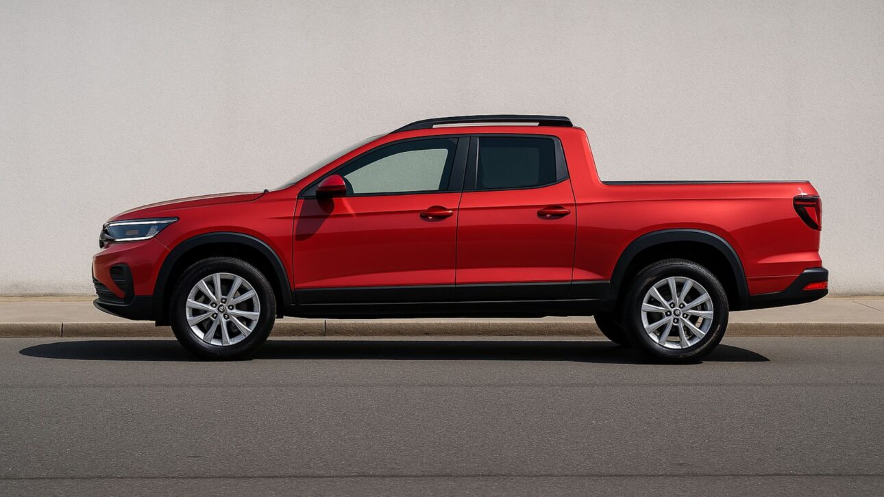 Imagem gerada por inteligência artificial ilustra a possível lateral da futura picape intermediária da Volkswagen, com linhas que combinam elementos do T-Cross e proporções próximas às da Fiat Toro.