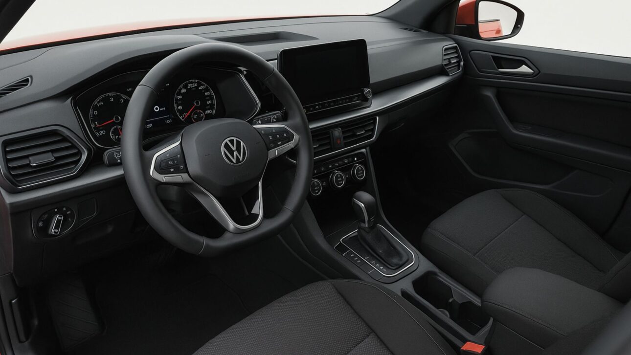Projeção criada por inteligência artificial sugere como poderá ser o interior da nova picape da Volkswagen, com painel semelhante ao do T-Cross e acabamento voltado ao conforto e à praticidade.