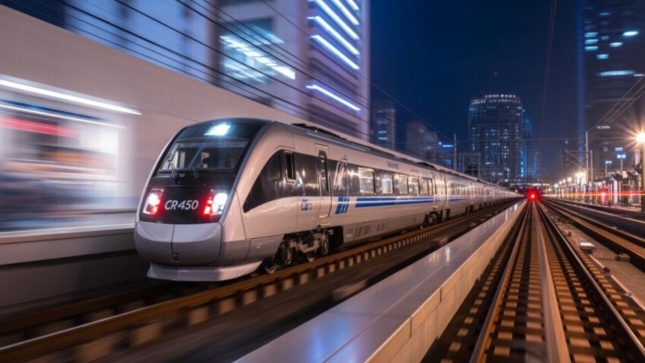 Prototipo CR450 em testes operacionais no trecho Wuhan–Yichang, com foco em aceleração rápida e eficiência energética em transporte ferroviário de alta velocidade. (Imagem: Xinhua)