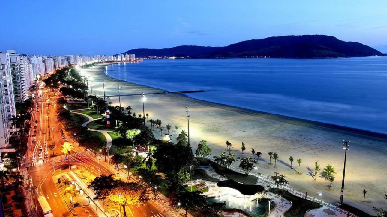 Calçadão amplo e ciclovia sobre o “tapete verde” dos jardins da orla de Santos-SP. (Imagem: Reprodução / TripAdvisor)