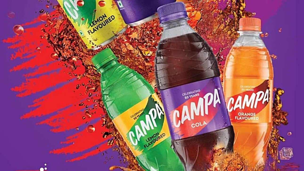 Nova embalagem da marca Campa Cola relançada pela Reliance na Índia em 2023 para desafiar Coca-Cola e Pepsi. (Imagem: Reliance Consumer Products Ltd.)