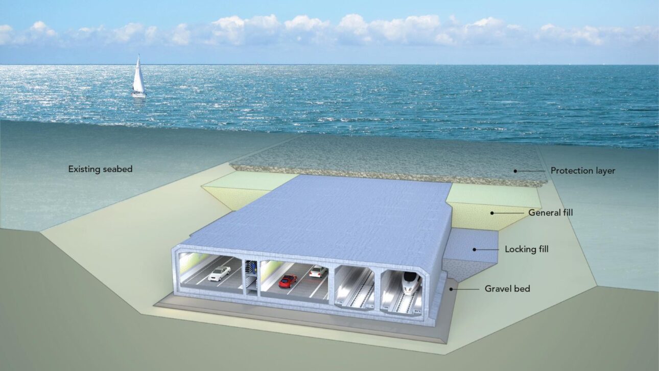 Obras de dragagem e instalação no leito do Mar Báltico para o túnel imerso de 18 km entre Dinamarca e Alemanha, no projeto Fehmarnbelt. (Imagem: Femern A/S)