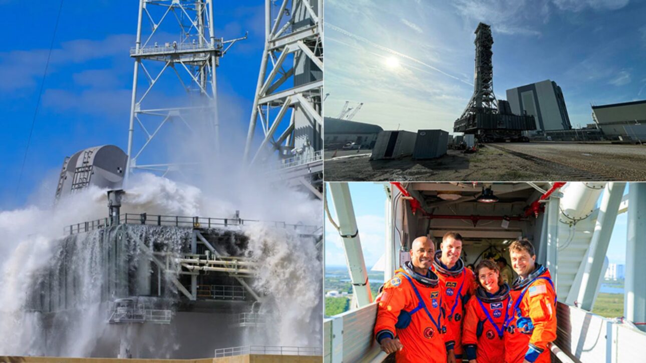 Teste de fluxo do sistema de dilúvio no módulo de lançamento móvel da Artemis II no Kennedy Space Center em outubro de 2023. (Imagem: NASA)