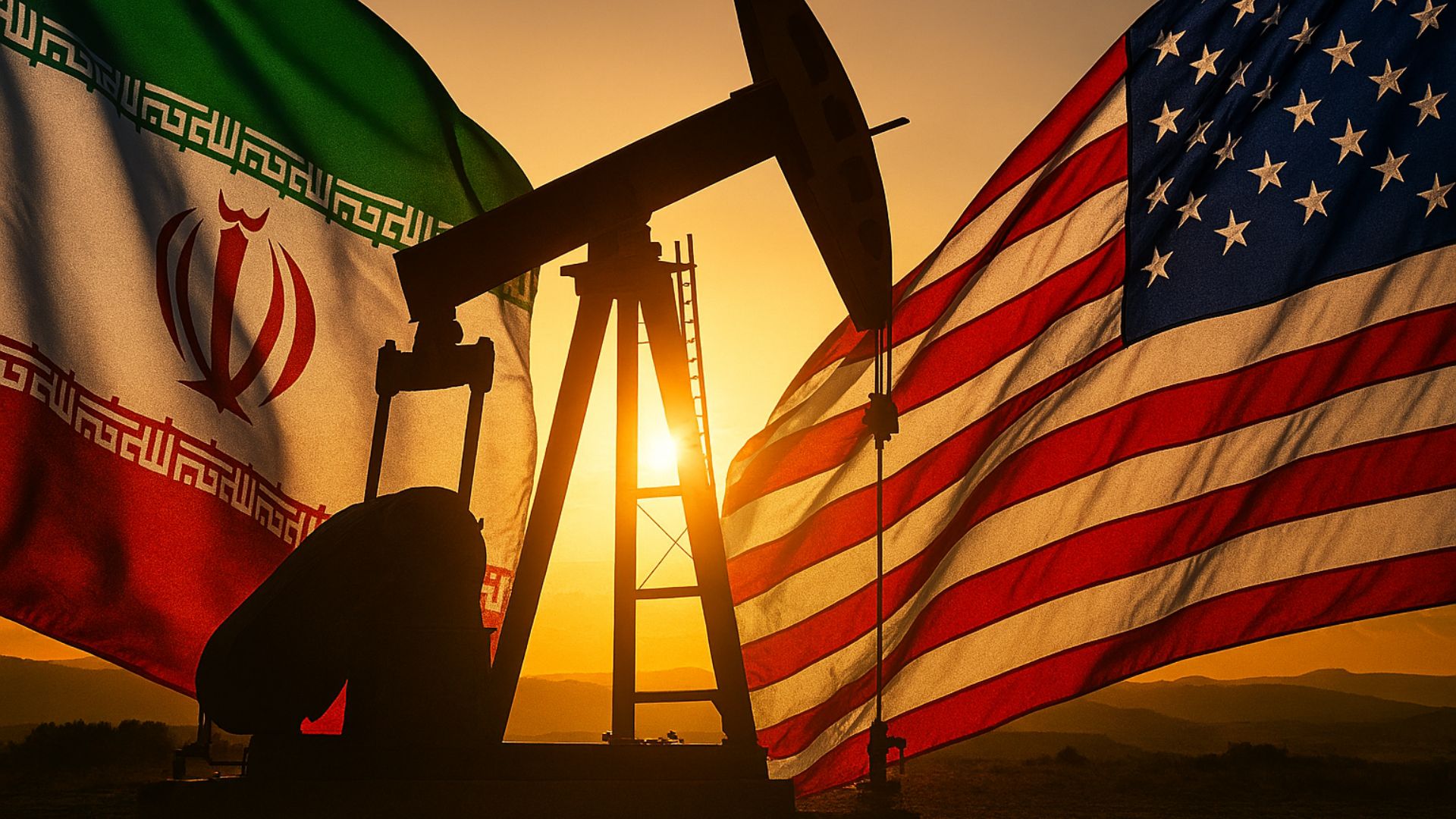 Imagem realista de um bombeador de petróleo ao pôr do sol, com as bandeiras do Irã e dos Estados Unidos em destaque, simbolizando tensão geopolítica sobre o petróleo.