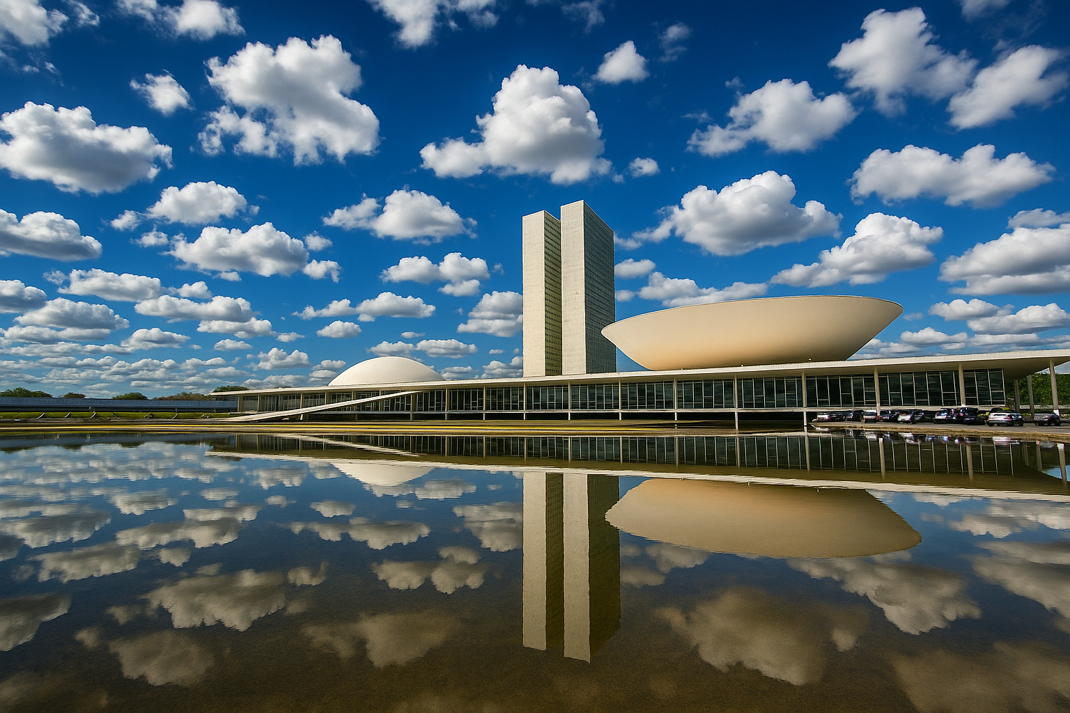 Fachada do Congresso Nacional em Brasília sob céu azul com nuvens brancas refletidas no espelho d’água.