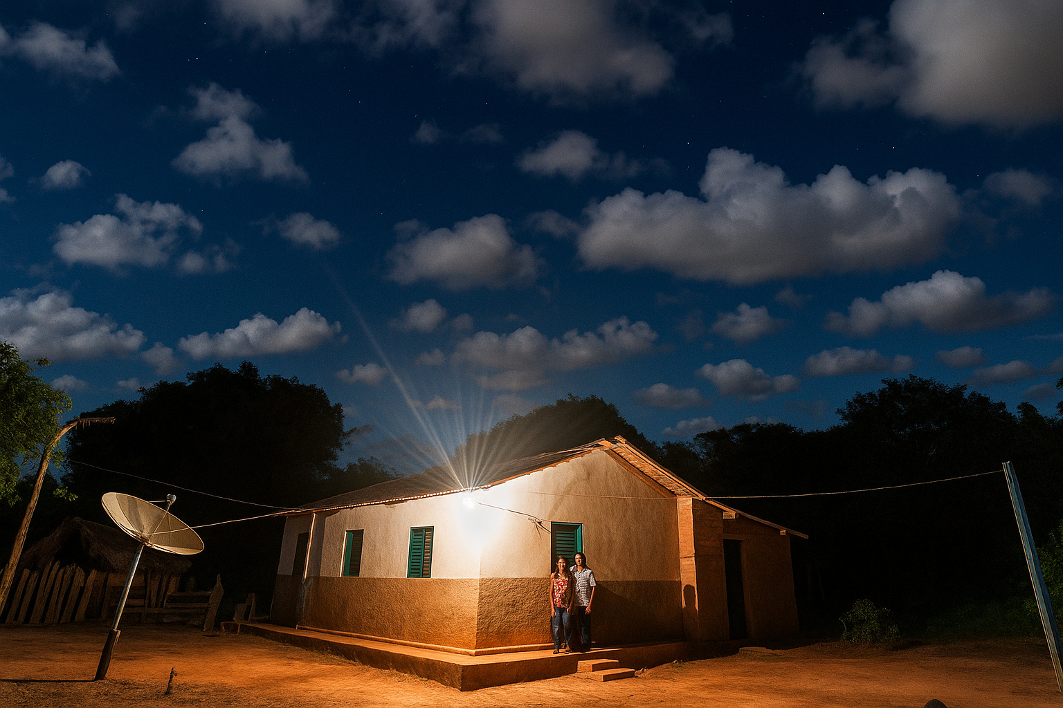 Casa simples iluminada à noite em área rural, com um casal em pé na frente e céu estrelado com nuvens ao fundo.