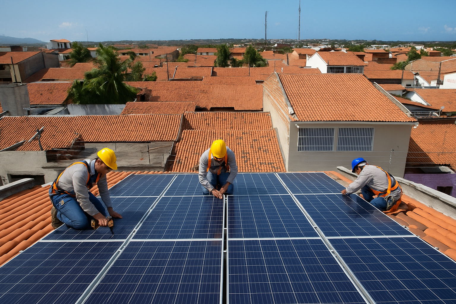 Técnicos instalando painéis solares no telhado de uma casa em um bairro residencial, sob céu claro e ensolarado.