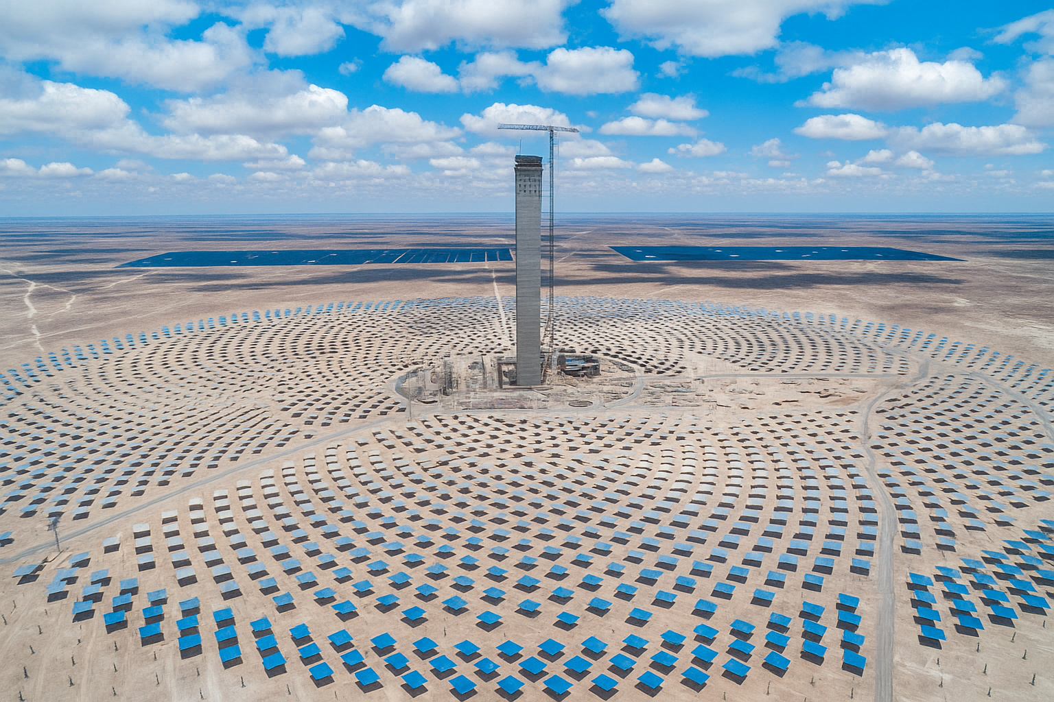 Usina solar termelétrica em deserto com torre central e milhares de espelhos refletivos sob um céu azul com nuvens.