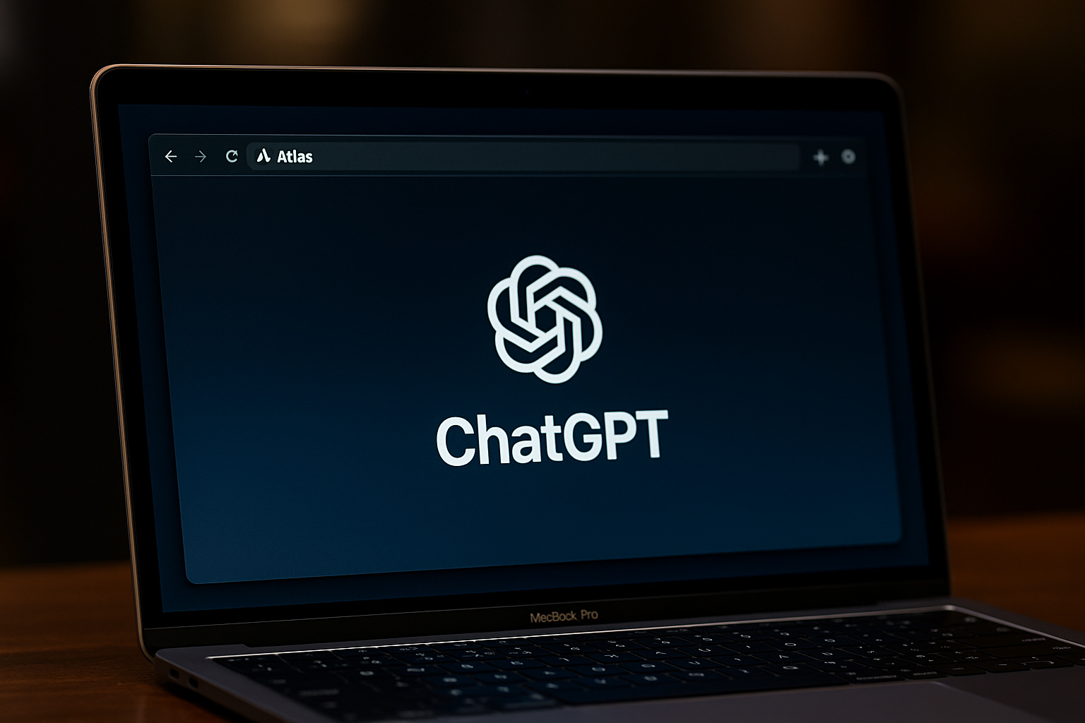 Navegador Atlas da OpenAI exibido em um notebook moderno com interface do ChatGPT integrada.