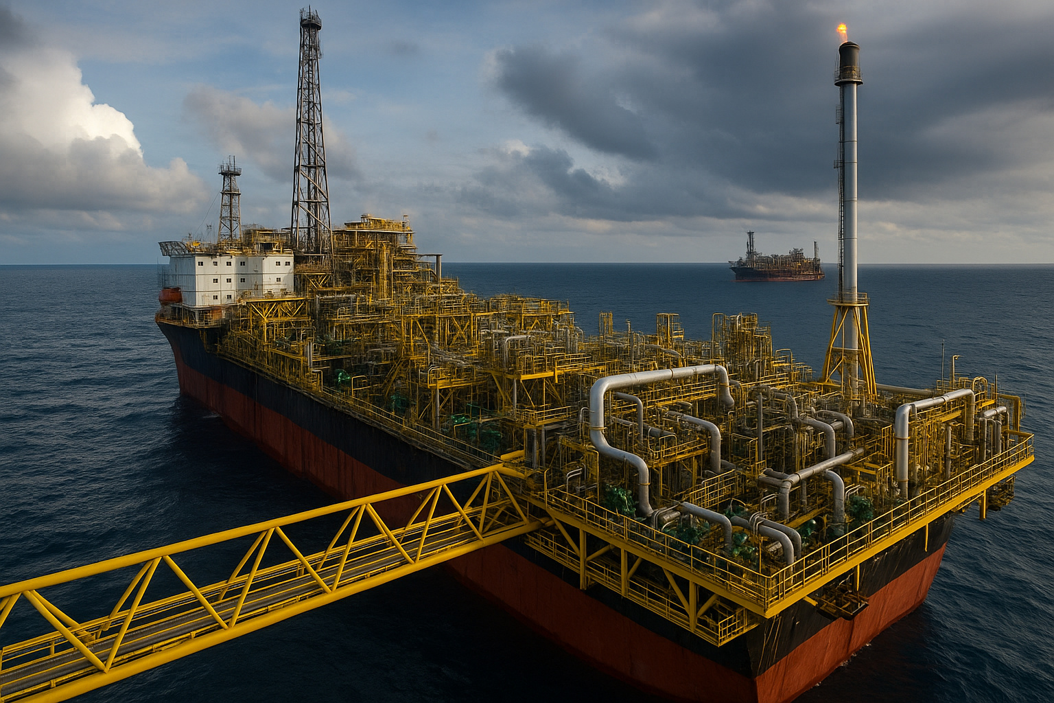 Plataforma de petróleo da Petrobras no campo de Búzios com estrutura FPSO em operação no mar, sob céu parcialmente nublado, representando a expansão do pré-sal brasileiro.