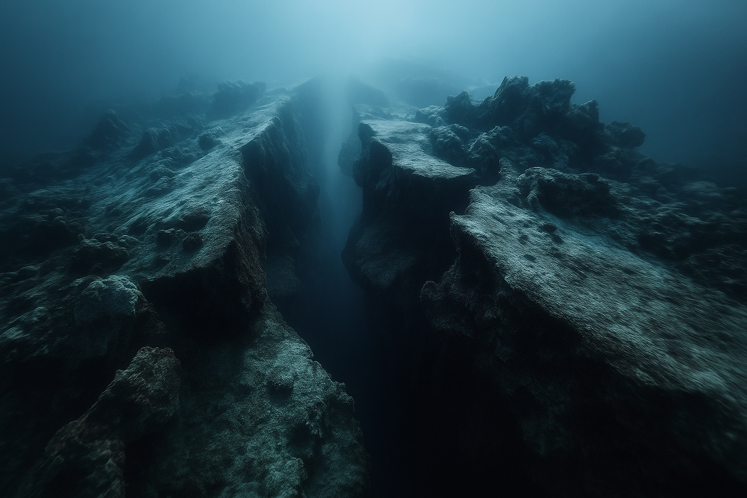 Fenda oceânica profunda sob o Oceano Pacífico, com rochas submersas e luz azul difusa penetrando na água, representando o processo de ruptura tectônica.