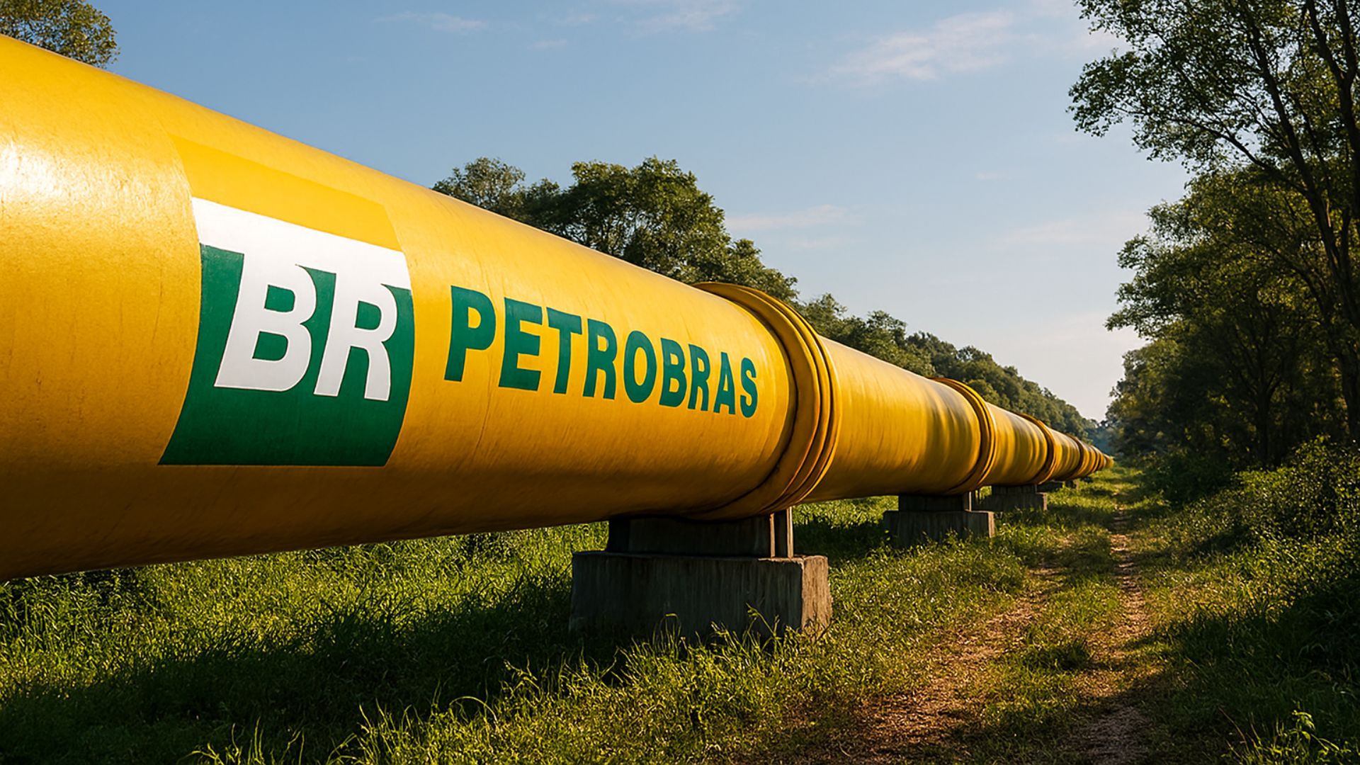 Gasoduto de gás natural da Petrobras atravessando área verde sob céu azul, com logotipo visível na tubulação amarela.
