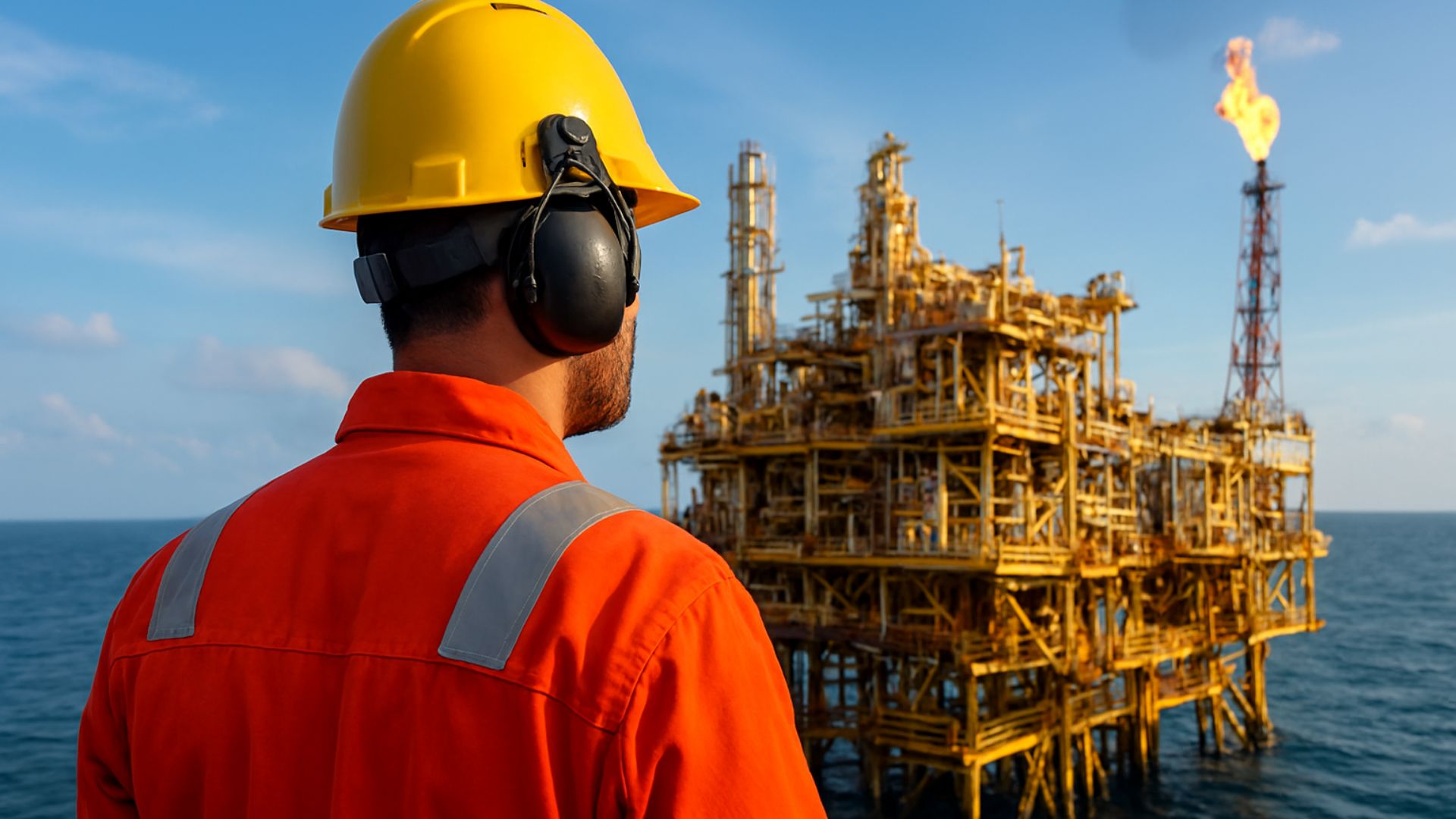 Trabalhador offshore em plataforma de petróleo observando a estrutura industrial sobre o oceano.