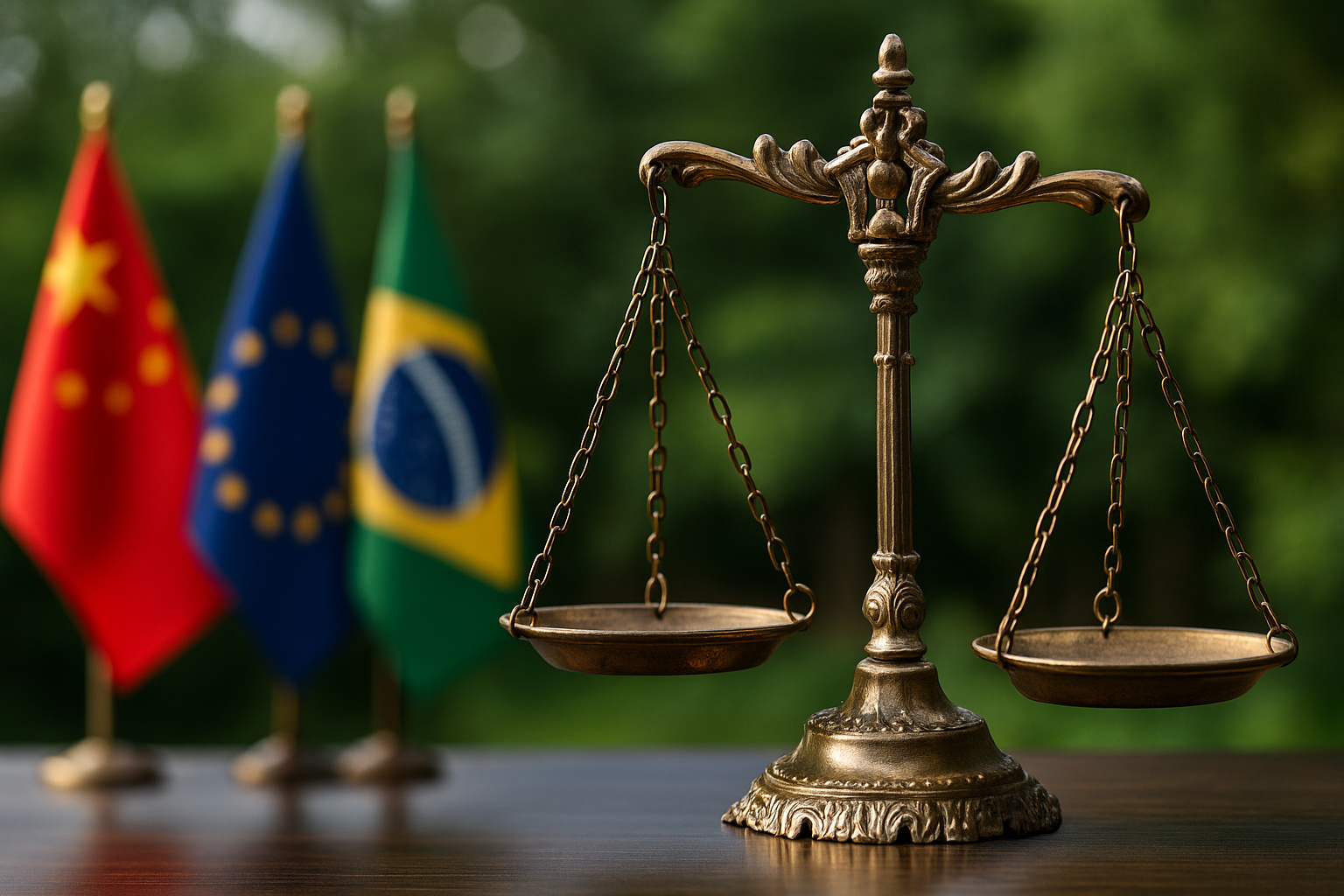 Bandeiras do Brasil, China e União Europeia com balança de justiça dourada simbolizando equilíbrio e cooperação climática no mercado global de carbono.