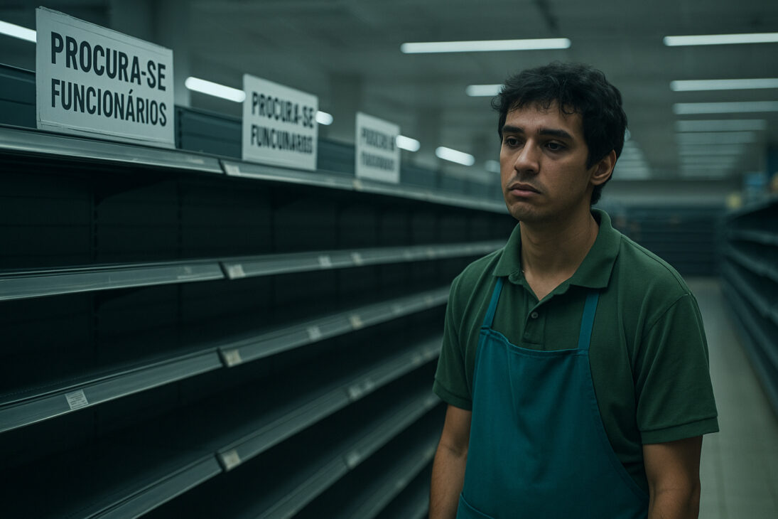 Crise de contratação em supermercados brasileiros com caixas vazios e ausência de funcionários.