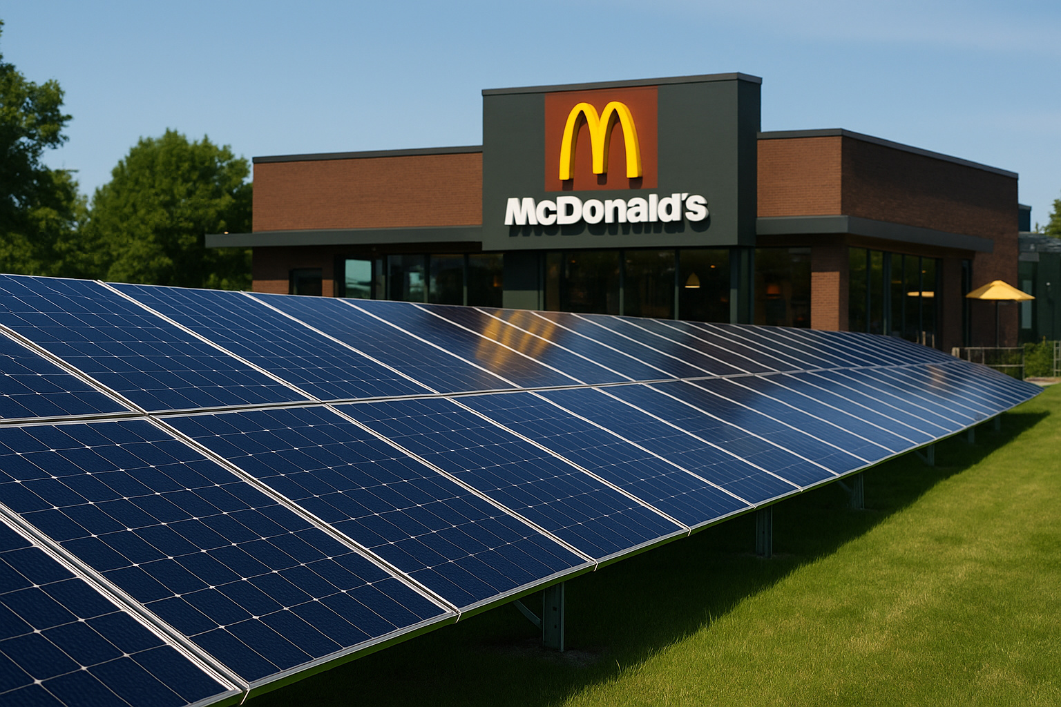 Painéis solares instalados ao lado de restaurante do McDonald’s no Brasil, simbolizando parceria com a EDP para geração de energia limpa e sustentável.